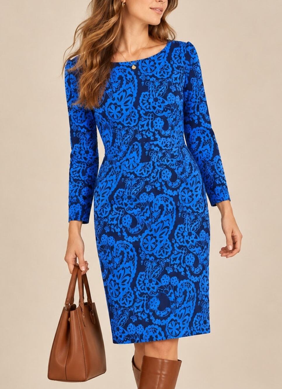Boden Womens Florrie Cotton Jersey Dress Size 12R Blue Paisley Artsy Preppy Work